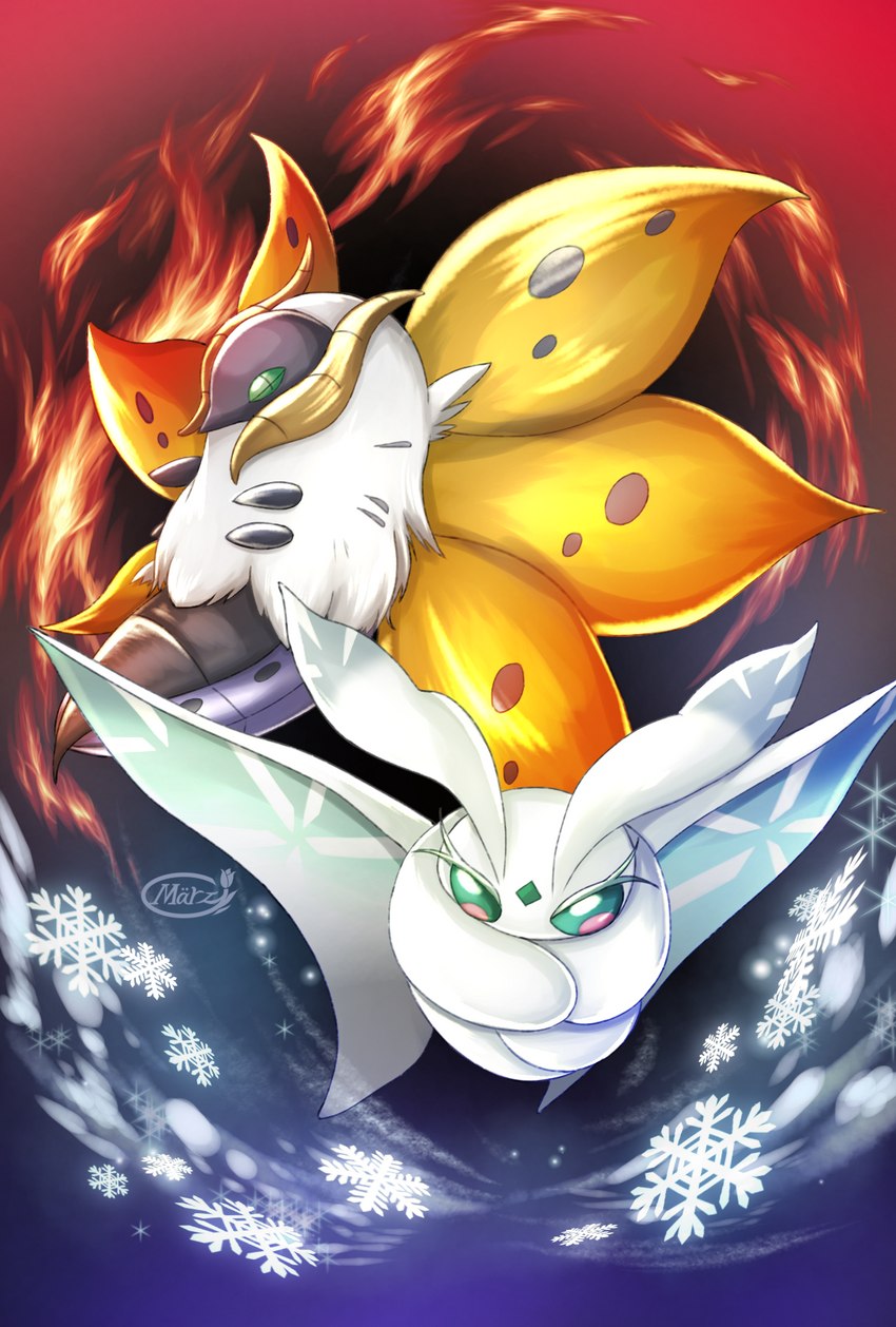 abstract_background ambiguous_gender antennae_(anatomy) arthropod_abdomen black_body compound_eyes duo eyelashes feral fire flying green_eyes insect_wings multicolored_body snowflake white_body wings yellow_wings marz_(artist) nintendo pokemon arthropod frosmoth generation_5_pokemon generation_8_pokemon pokemon_(species) shiny_pokemon volcarona 2022 digital_media_(artwork) digital_painting_(artwork) hi_res shaded signature