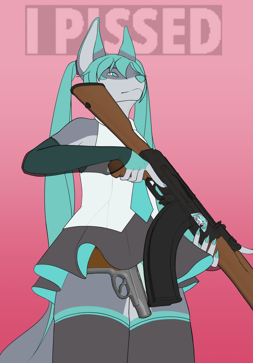 ak-47 ak_platform anthro assault_rifle bottomwear clothing female gradient_background gun handgun holding_gun holding_object holding_ranged_weapon holding_weapon legwear makarov_pm necktie panties pistol ranged_weapon rifle simple_background skirt solo thigh_highs trigger_discipline underwear weapon volpek6 vocaloid hatsune_miku kay_volpe canid canine fox mammal absurd_res hi_res meme