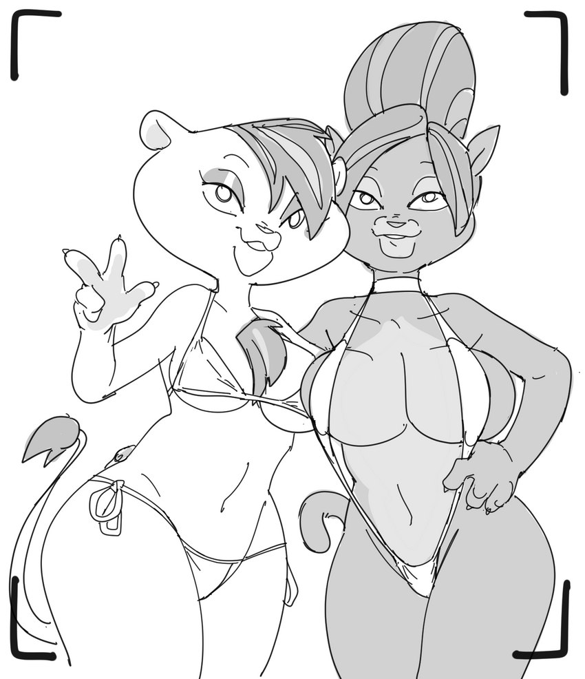 4_fingers anthro beehive_(hairstyle) bent_arm big_breasts bikini bikini_bottom bikini_top biped breast_size_difference breasts bulging_breasts camera_view chest_tuft claws clothed clothed_anthro clothed_female clothing countershade_torso countershading curved_eyebrows curvy_figure dark_body dark_fur duo eyebrows eyelashes eyelids eyeshadow female finger_claws fingers fur fur_tuft glistening glistening_eyelids hair hand_on_another's_back hand_on_back hand_on_hip hand_on_own_hip humanoid_hands iris leaning leaning_sideways lidded_eyes looking_at_viewer makeup navel no_pupils one-piece_swimsuit pose round_ears short_hair side-tie_bikini side-tie_clothing side-tie_swimwear side_cut skimpy skimpy_bikini skimpy_swimwear sling_bikini small_nose smile smiling_at_viewer standing string_bikini swimwear tail tail_tuft thick_thighs thin_eyebrows three-quarter_view triangle_bikini tuft two-piece_swimsuit dbaru el_arca bruma panthy felid lion mammal pantherine 2023 black_and_white digital_drawing_(artwork) digital_media_(artwork) hi_res monochrome sketch