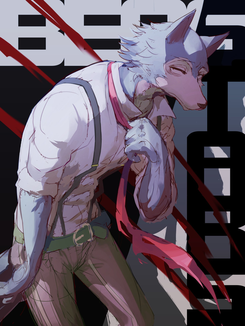 anthro belt bottomwear claw_marks clothed clothing detailed_background half-closed_eyes looking_at_viewer male narrowed_eyes necktie pants shadow solo standing suspenders text text_background nyankone beastars legoshi_(beastars) canid canine canis mammal wolf absurd_res english_text hi_res