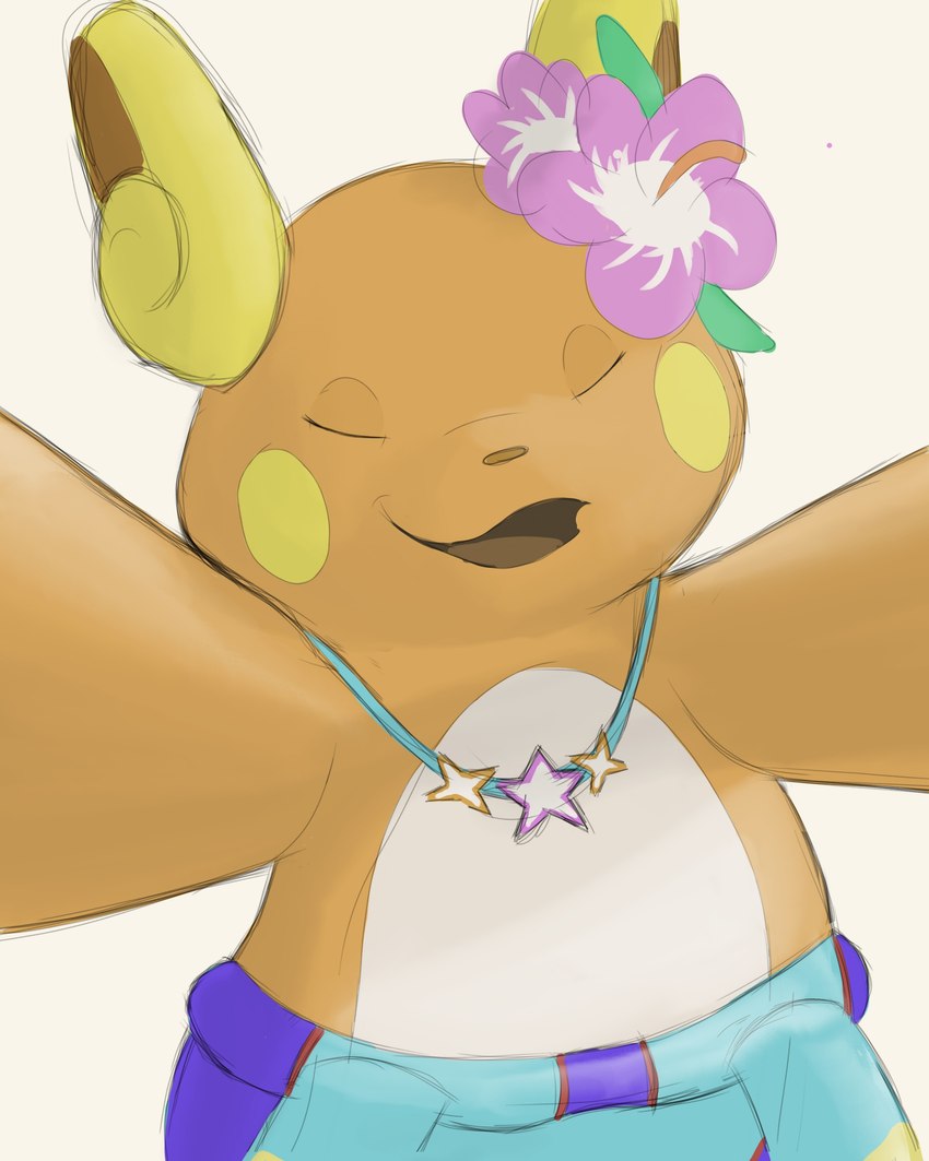 accessory ambiguous_gender anthro clothed clothing flower flower_in_hair hair hair_accessory jewelry necklace open_mouth plant simple_background smile solo srjakbee nintendo pokemon pokemon_unite beach_style_alolan_raichu alolan_form alolan_raichu generation_7_pokemon pokemon_(species) regional_form_(pokemon) 4:5 absurd_res hi_res female_(lore)