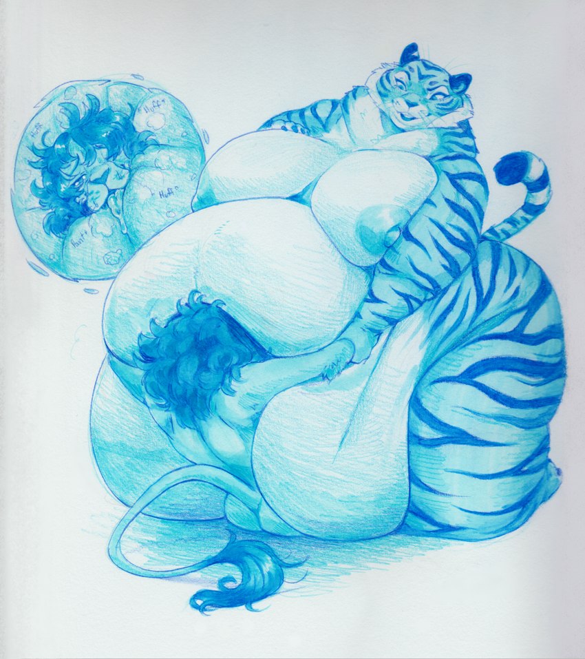 anthro areola belly belly_lick belly_overhang belly_rolls belly_smother belly_worship big_areola big_belly big_breasts big_dom_small_sub big_nipples bodily_fluids breasts breath butt chubby_cheeks close-up cutaway dominant dominant_anthro dominant_female double_chin drooling duo face_in_belly face_in_navel fat_rolls female holding_wrists huge_belly huge_breasts kneeling larger_anthro larger_female looking_pleasured male male/female morbidly_obese morbidly_obese_anthro morbidly_obese_female neck_rolls nipples nude obese obese_anthro obese_female overweight overweight_anthro overweight_female panting pinned pinned_by_belly restrained saliva saliva_on_belly simple_background size_difference smaller_anthro smaller_male striped_body stripes submissive submissive_anthro submissive_male tail thick_thighs weight_difference whiskers wide_hips whorgi melody_(tawnyscrawnyleo) felid lion mammal pantherine tiger hi_res monochrome traditional_media_(artwork)