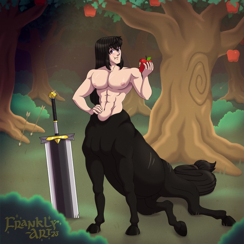 abs animal_genitalia apple apple_tree arrow_(weapon) arrows barely_visible_genitalia barely_visible_sheath black_body black_fur black_hair black_tail butt eating eating_apple food forest fruit fruit_tree fully_sheathed fur genitals glowing hair hand_on_hip hooves knight leaf long_hair male muscular muscular_male muscular_taur navel nipples nude pecs plant presenting presenting_hindquarters purple_eyes ranged_weapon resting_hindquarters scar sheath shrub sitting sitting_centaur small_waist solo sword_in_ground tail tree waist warrior weapon frankly-art european_mythology greek_mythology mythology zorra_(centaurworks) centaur equid equid_taur equine equine_taur humanoid_taur mammal mammal_taur taur 1:1