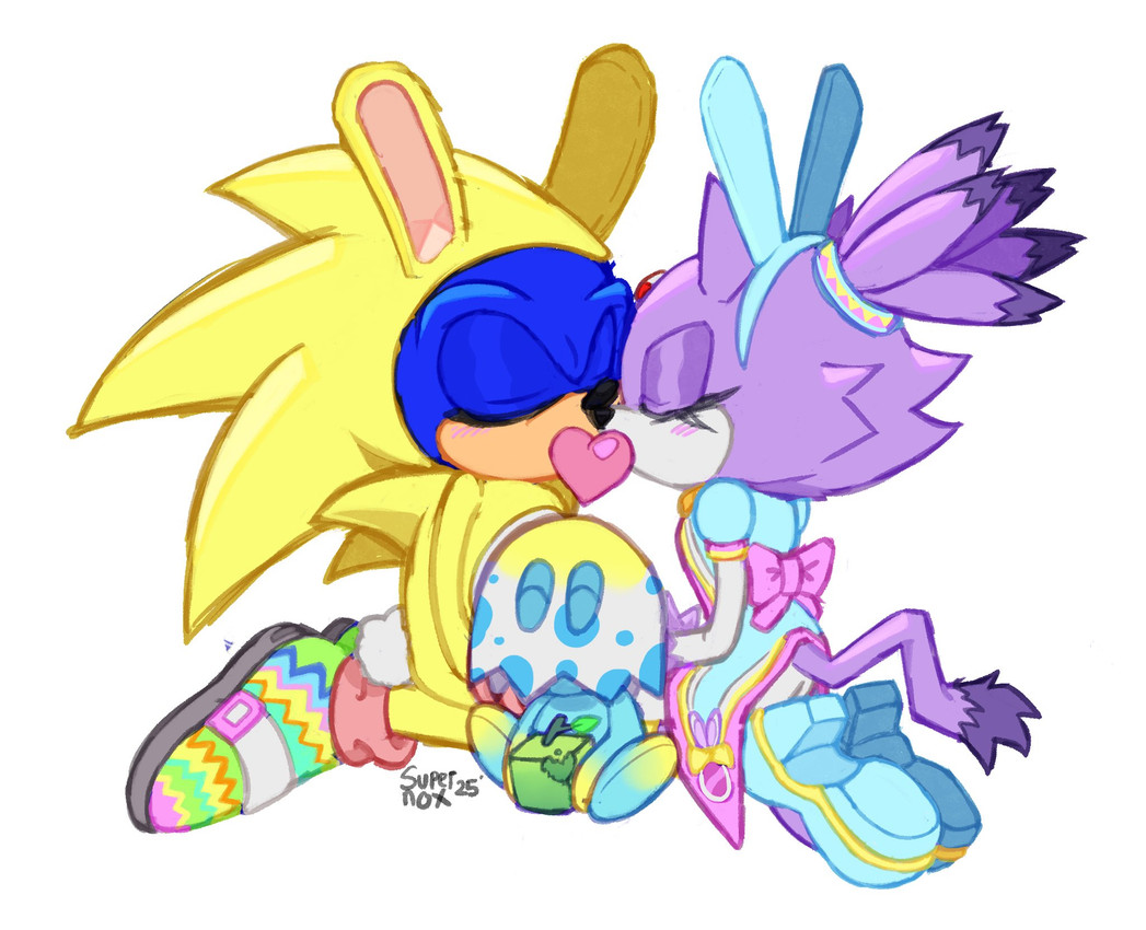 alternate_costume anthro bodysuit bow_ribbon bunny_costume clothing costume duo egg eyes_closed fake_ears fake_rabbit_ears female food fruit heart_symbol hero holidays kneeling male male/female naturally_censored obscured_kiss plant princess royalty skinsuit tight_clothing supernoxxed easter sega sonic_speed_simulator sonic_the_hedgehog_(series) blaze_the_cat sonic_the_hedgehog chao_(sonic) domestic_cat eulipotyphlan felid feline felis hedgehog mammal hi_res