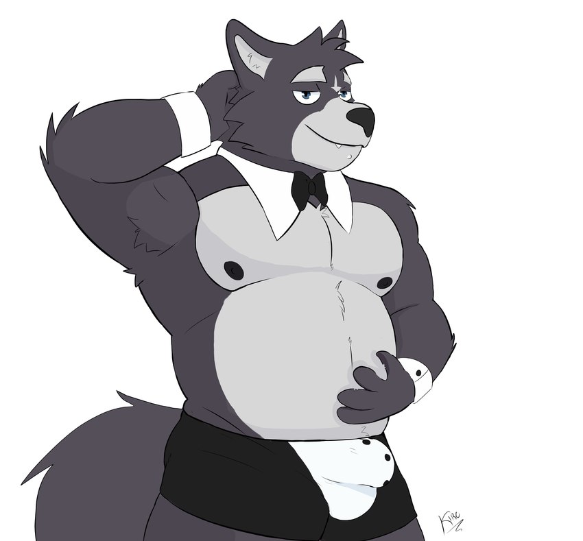 anthro belly biped boxers_(clothing) bulge butler clothing detailed_bulge fur grey_body grey_fur hand_on_belly male male_anthro narrowed_eyes nipples solo underwear kirowatermelon adastra adastra_(series) echo_project amicus_(adastra) canid canine canis mammal wolf absurd_res hi_res