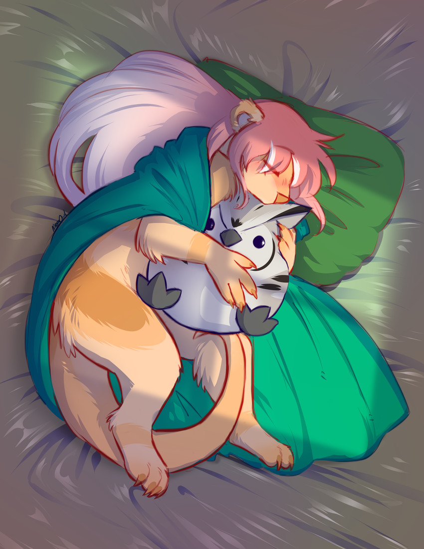 ambiguous_gender animal_plushie anthro avian_plushie bed_sheet bedding bird_plushie blanket blush character_plushie daww eyes_closed fur fur_markings fur_tuft gradient_hair hair holding_object holding_plushie hug long_hair lying markings multicolored_body multicolored_fur nude on_side pink_hair plushie simple_background sleeping solo tuft mysaowl clover_(violetgarden) mysa_(violetgarden) avian bird mammal mustelid otter owl 2020 absurd_res colored_sketch digital_media_(artwork) full-length_portrait hi_res portrait shaded sketch female_(lore)