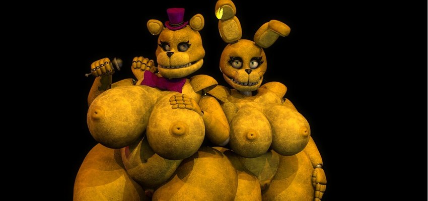 anthro big_breasts bow_tie breasts clothing crossgender curvy_figure duo electronics female genitals green_eyes hat headgear headwear huge_breasts machine microphone nipples overweight pussy thick_thighs top_hat wide_hips nsfwsanco_(artist) five_nights_at_freddy's scottgames fredbear_(fnaf) spring_bonnie_(fnaf) animatronic bear lagomorph leporid mammal rabbit robot 3d_(artwork) digital_media_(artwork) source_filmmaker_(artwork)