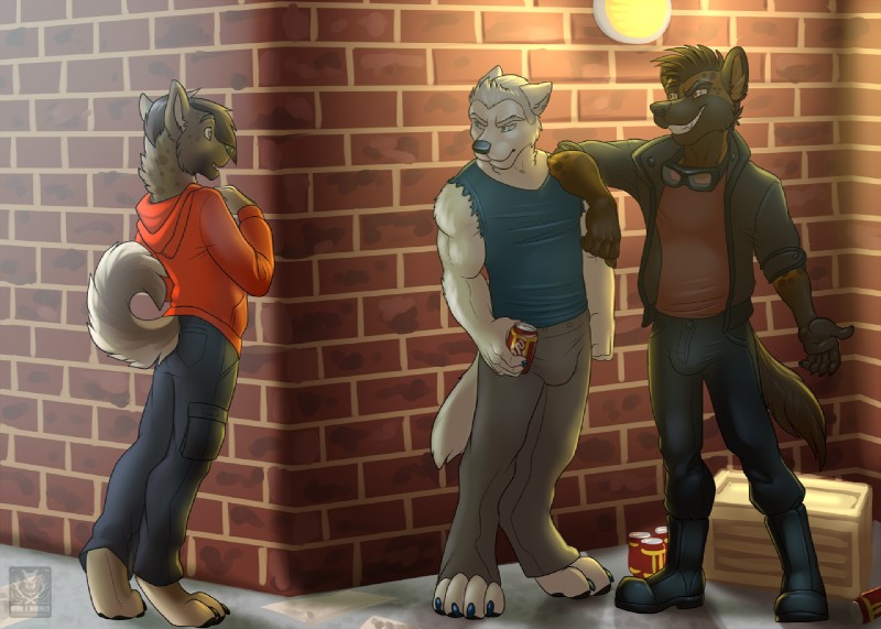 alley amber_eyes anthro athletic barefoot beverage_can biceps black_nose black_pawpads blue_claws blue_eyes blue_nose brown_body brown_fur brown_hair bulge claws clothed clothing detailed_background fangs feet frown fully_clothed fur grey_body grey_fur grey_hair grin group hair holding_object imminent_rape male markings muscular pawpads paws pose smile smirk spots spotted_body spotted_fur standing tail tan_body tan_fur teeth toe_claws white_body white_fur vallhound gear_(dhalo) hyusky rei_(jaysilverfox) rennix_(hyusky) arctic_wolf canid canine canis domestic_dog husky hyena mammal nordic_sled_dog spitz spotted_hyena wolf 2014 digital_media_(artwork) full-length_portrait portrait