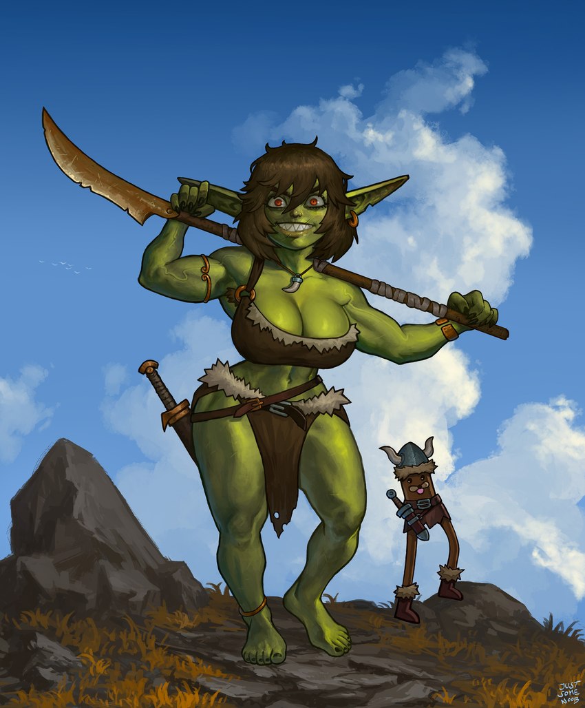 ambiguous_gender armor belt breasts brown_body cloud dagger day duo ear_piercing ear_ring female grass green_body green_skin headgear helmet holding_object holding_weapon horn horned_helmet humanoid_pointy_ears melee_weapon muscular muscular_female outside piercing plant pointy_ears red_eyes ring_piercing rock smile standing weapon justsomenoob gondola_(spurdo) pedobear goblin humanoid 2023 absurd_res digital_media_(artwork) hi_res meme