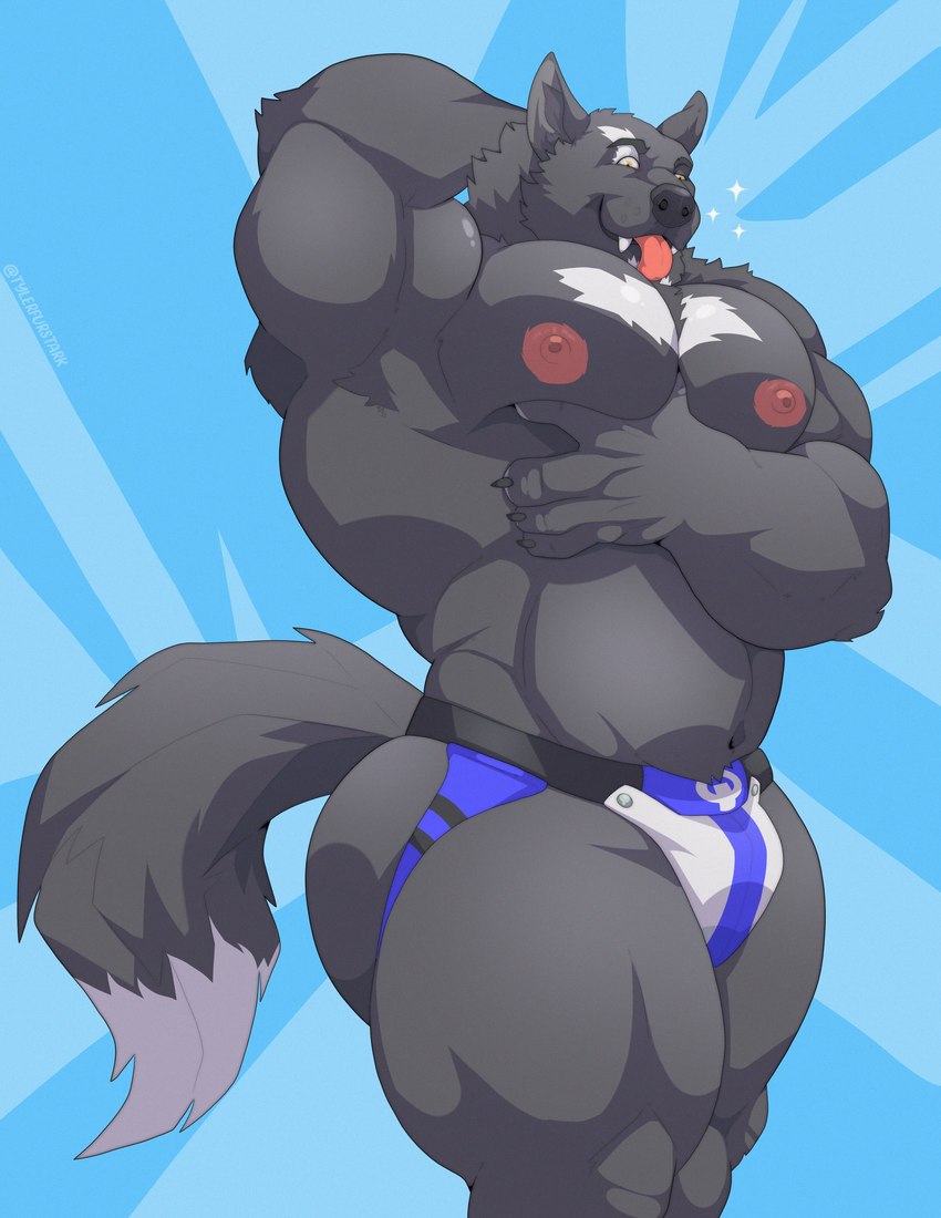 abstract_background anthro barazoku biceps big_bulge big_muscles big_nipples big_pecs blue_background bulge butt claws clothing fur hand_behind_head hand_on_chest huge_muscles huge_pecs jockstrap male muscular muscular_anthro muscular_male navel nipples obliques pec_grab pecs simple_background smile solo standing teeth thick_thighs tongue tongue_out tuft underwear tylerstark silver_fang canid canine canis mammal wolf 2022 absurd_res hi_res