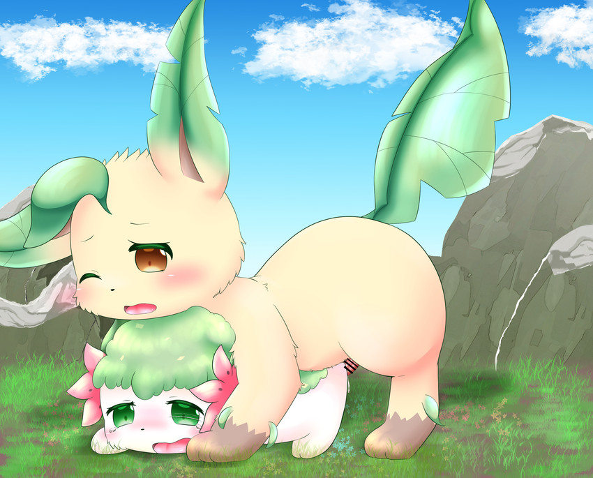 ambiguous_gender ambiguous_penetrated ambiguous_penetration blush brown_eyes chibi day duo feral feral_on_feral feral_penetrated feral_penetrating feral_penetrating_feral flower flower_(anatomy) from_behind_position fur genitals grass green_eyes head_flower head_leaf ineffective_censorship kemono leaf leaf_ears leaf_tail male male/ambiguous male_penetrating male_penetrating_ambiguous mounting one_eye_closed open_mouth outside penetration penis plant rock sex tail tan_body tan_fur white_body white_fur wince puniwanko nintendo pokemon eeveelution generation_4_pokemon land_forme_shaymin leafeon legendary_pokemon pokemon_(species) shaymin 2019 censored hi_res