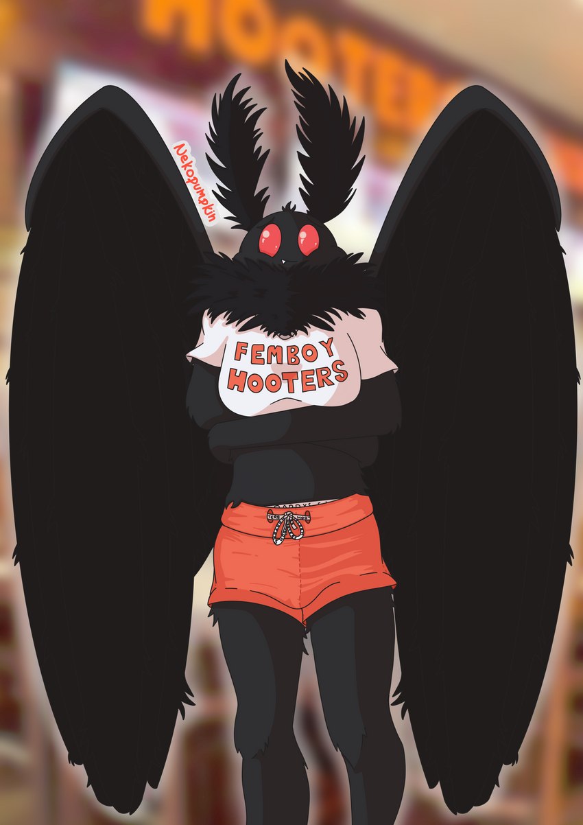 antennae_(anatomy) anthro black_body black_fur bottomwear bulge clothing crop_top crossed_arms drawstring_bottomwear fangs fur hooters_uniform looking_at_viewer male red_eyes shirt shorts smile solo teeth text text_on_clothing text_on_shirt text_on_topwear topwear wings nekopumpkin femboy_hooters hooters mothman arthropod cryptid insect lepidopteran monster moth absurd_res english_text hi_res shaded simple_shading