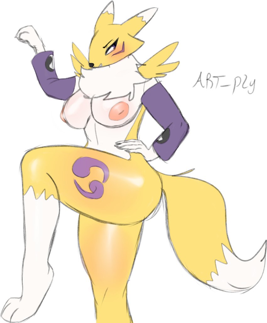 anthro big_breasts breasts female looking_pleasured smile solo wide_hips artply bandai_namco digimon canid digimon_(species) mammal renamon absurd_res hi_res