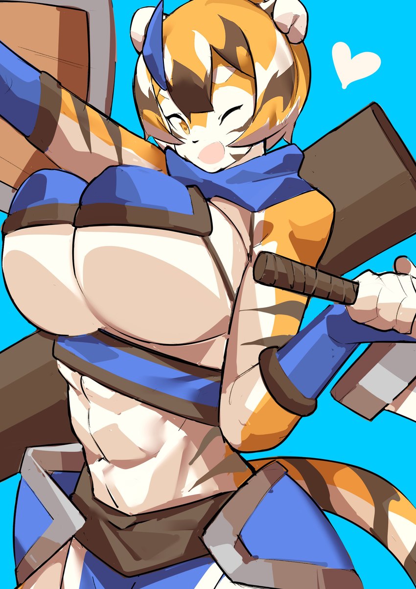 abs anthro big_breasts black_hair blonde_hair blue_background breasts clothing female fingerless_gloves gloves hair handwear heart_symbol hip_armor holding_melee_weapon holding_object holding_sword holding_weapon looking_at_viewer melee_weapon muscular muscular_anthro muscular_female navel one_eye_closed open_mouth shield short_hair simple_background solo sword under_boob weapon white_body white_hair wink yellow_body yellow_eyes aspirindabaitu arknights hypergryph studio_montagne waaifu_(arknights) felid mammal pantherine tiger absurd_res hi_res