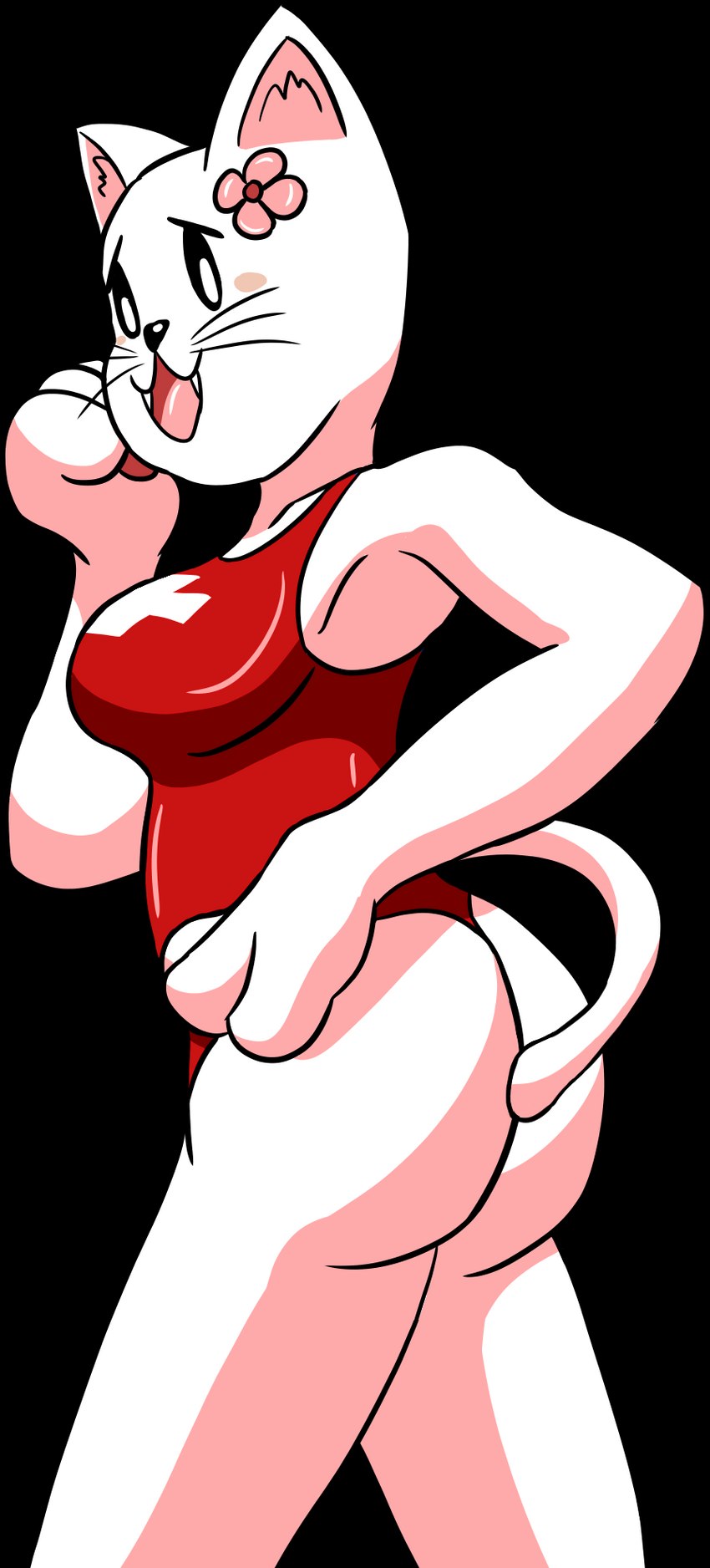 accessory anthro beady_eyes blush blush_stickers breasts clothing female flower flower_in_hair fur hair hair_accessory hand_on_cheek hand_on_hip handpaw lifeguard lifeguard_swimsuit looking_at_viewer one-piece_swimsuit open_mouth pawpads paws pink_pawpads plant rear_view red_clothing red_swimwear simple_background smile solo swimwear tail transparent_background whiskers white_body white_fur worried evan_harrey rukimin's_disappointing_adventure! syobon_action shobomi domestic_cat felid feline felis khao_manee mammal alpha_channel hi_res