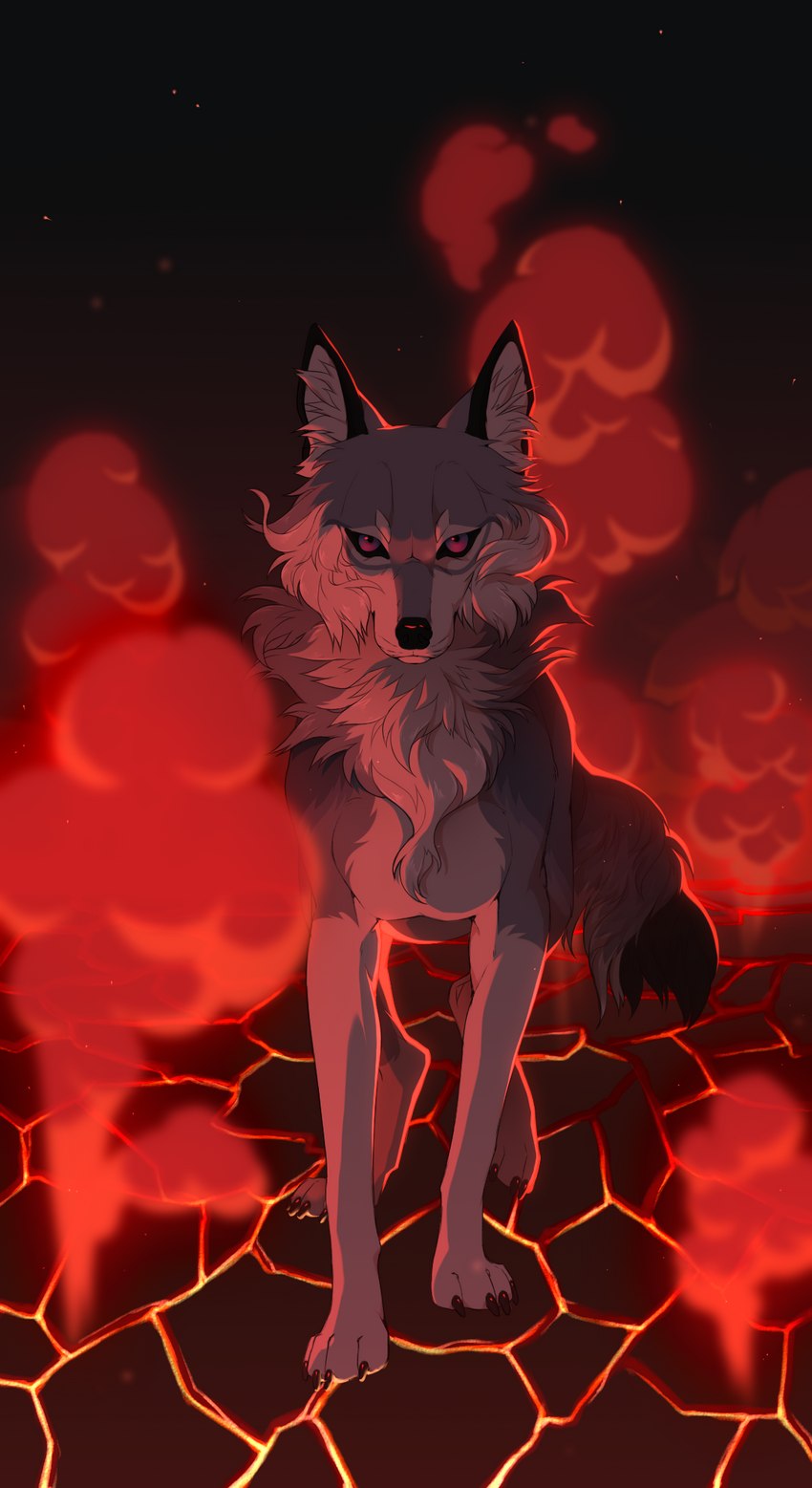 black_nose blue_eyes burn burning claws detailed_background feral fire fog fur glowing glowing_eyes grey_body grey_fur lava looking_at_viewer male serious_face solo tail white_body white_fur wiegmannor a.o.kigahara canid canine canis mammal wolf 2023 colored detailed digital_drawing_(artwork) digital_media_(artwork) digital_painting_(artwork) hi_res painting_(artwork) shaded