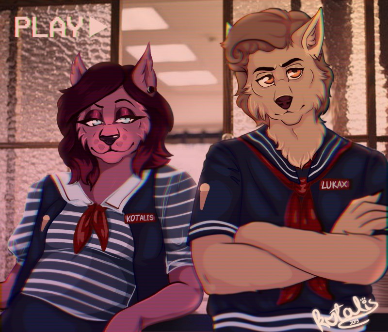 anthro clothed clothing duo ear_piercing female fur glitch hair holidays looking_at_viewer male male/female piercing pose sailor_uniform smile steve_harrington_lookalike kotalis halloween netflix stranger_things vhs canid canine canis felid feline mammal 2019 absurd_res digital_drawing_(artwork) digital_media_(artwork) hi_res