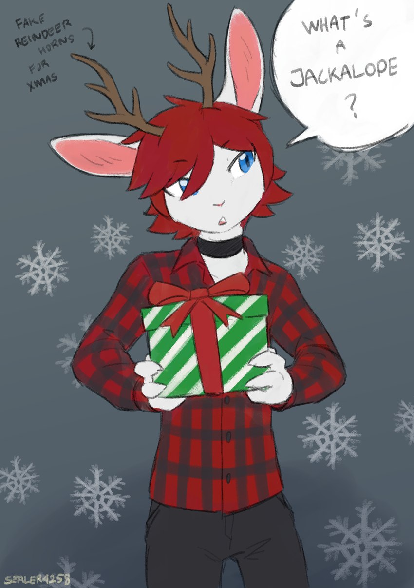 4_fingers alternate_species anthro blue_eyes bottomwear christmas_present clothed clothed_anthro clothed_male clothing dialogue fingers front_view fully_clothed fully_clothed_anthro fully_clothed_male fur gift hair holding_object holding_present holidays looking_aside male open_mouth pants red_hair shirt simple_background solo speech_bubble standing teeth text tongue topwear white_body white_fur sealer4258 christmas lewin_(sealer4258) lagomorph leporid mammal rabbit 2024 absurd_res digital_media_(artwork) english_text hi_res