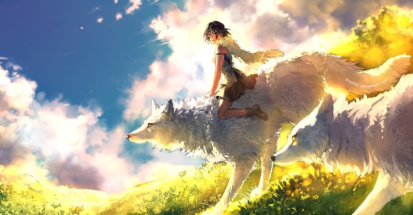 bottomwear brown_hair clothed clothing cloud detailed_background facial_markings female feral fur group hair head_markings looking_at_viewer markings outside red_markings riding sky topwear trio white_body white_fur yuumei ghibli princess_mononoke moro-no-kimi san_(princess_mononoke) canid canine canis human mammal wolf 2014