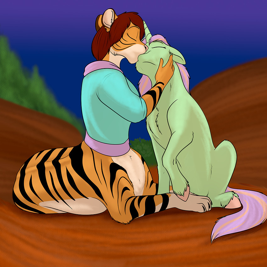 bottomless brown_hair clothed clothing duo eyes_closed female female/female feral fetlocks fur green_body green_fur hair hooves horn kissing orange_body orange_fur outside pink_nose purple_hair striped_body striped_fur stripes unicorn_horn foxenawolf chakona_space goldfur's_cogsverse hasbro my_little_pony mythology tigerbright violet_woods chakat equid equine felid felid_taur mammal mammal_taur mythological_creature mythological_equine taur unicorn 1:1 herm_(lore)