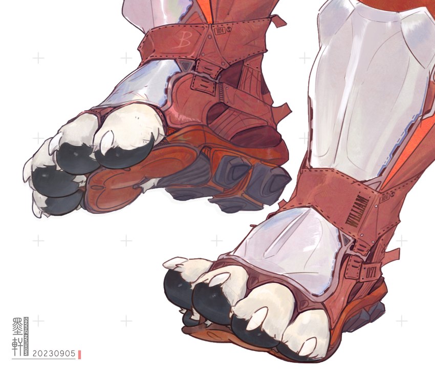 4_toes ambiguous_gender anthro armor claws clothing feet foot_focus footwear furgonomic_footwear furgonomics greaves pawpads plantigrade solo text toes moxuan_zhang 2023 digital_media_(artwork) english_text hi_res