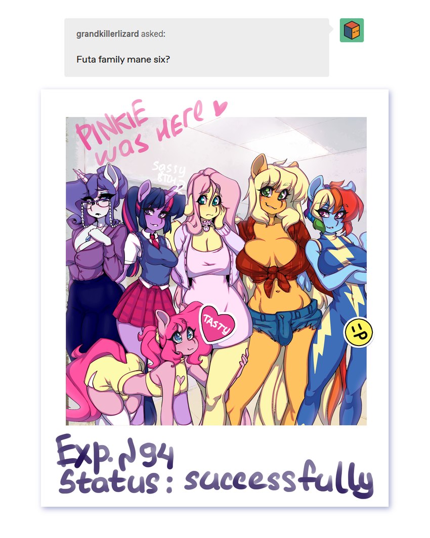 anthro bottomwear bulge clothed clothing detailed_bulge eyewear female genital_outline glasses green_eyes group gynomorph heart_symbol horn intersex legwear looking_at_viewer penis_outline skirt text tumblr_ask wings tolsticot friendship_is_magic hasbro my_little_pony mythology applejack_(mlp) fluttershy_(mlp) mane_six_(mlp) pinkie_pie_(mlp) rainbow_dash_(mlp) rarity_(mlp) twilight_sparkle_(mlp) equid equine mammal mythological_creature mythological_equine pegasus unicorn 2022 digital_media_(artwork) english_text hi_res