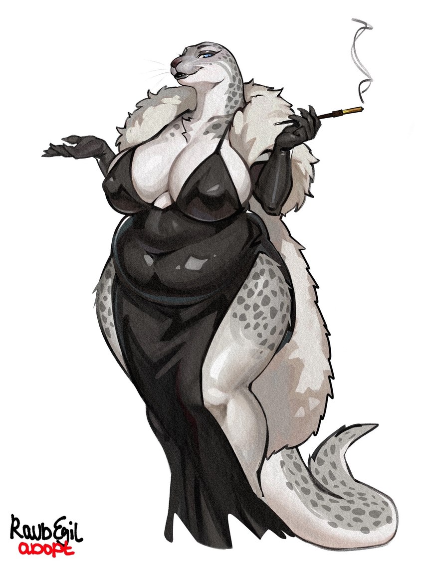 anthro belly belly_overhang big_belly big_breasts black_clothing black_dress blue_eyes breasts cigarette cigarette_holder clothed clothing coat dress earless evening_dress female female_anthro form_fitting fur_coat glistening glistening_clothing glistening_dress grey_body holding_cigarette holding_object huge_breasts huge_thighs long_tail markings navel nipple_outline nipples_visible_through_clothing overweight overweight_anthro overweight_female simple_background smoke solo spots spotted_body tail thick_thighs tight_clothing topwear whiskers white_background white_clothing white_coat white_topwear wide_hips raudegil leopard_seal mammal marine pinniped seal 2025 3:4 digital_media_(artwork) hi_res signature