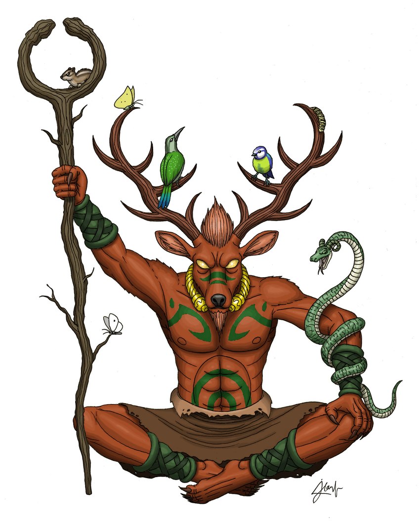 anthro antlers coiling facial_hair feral forked_tongue goatee horn male markings nipples solo tongue torc doctorchevlong celtic_mythology european_mythology mythology cernunnos arthropod avian bird butterfly chipmunk deer deity ground_squirrel insect lepidopteran mammal reptile rodent scalie sciurid snake hi_res