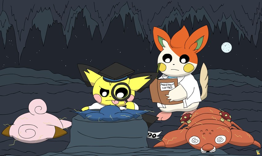 ambiguous_gender bottomless cave clothed clothing coat electricity feral fur graduation_cap group lab_coat logo lying magnifying_glass moon night notebook on_front orange_body orange_fur paralyzed scarf spiral_eyes taking_notes tan_body tan_fur text tongue tongue_out topwear yellow_body yellow_fur pichu90 nintendo pokemon nise_pawmo sparks_pichu clefairy generation_1_pokemon generation_2_pokemon generation_9_pokemon paras pawmo pichu pokemon_(species) zubat artist_logo english_description english_text hi_res male_(lore)