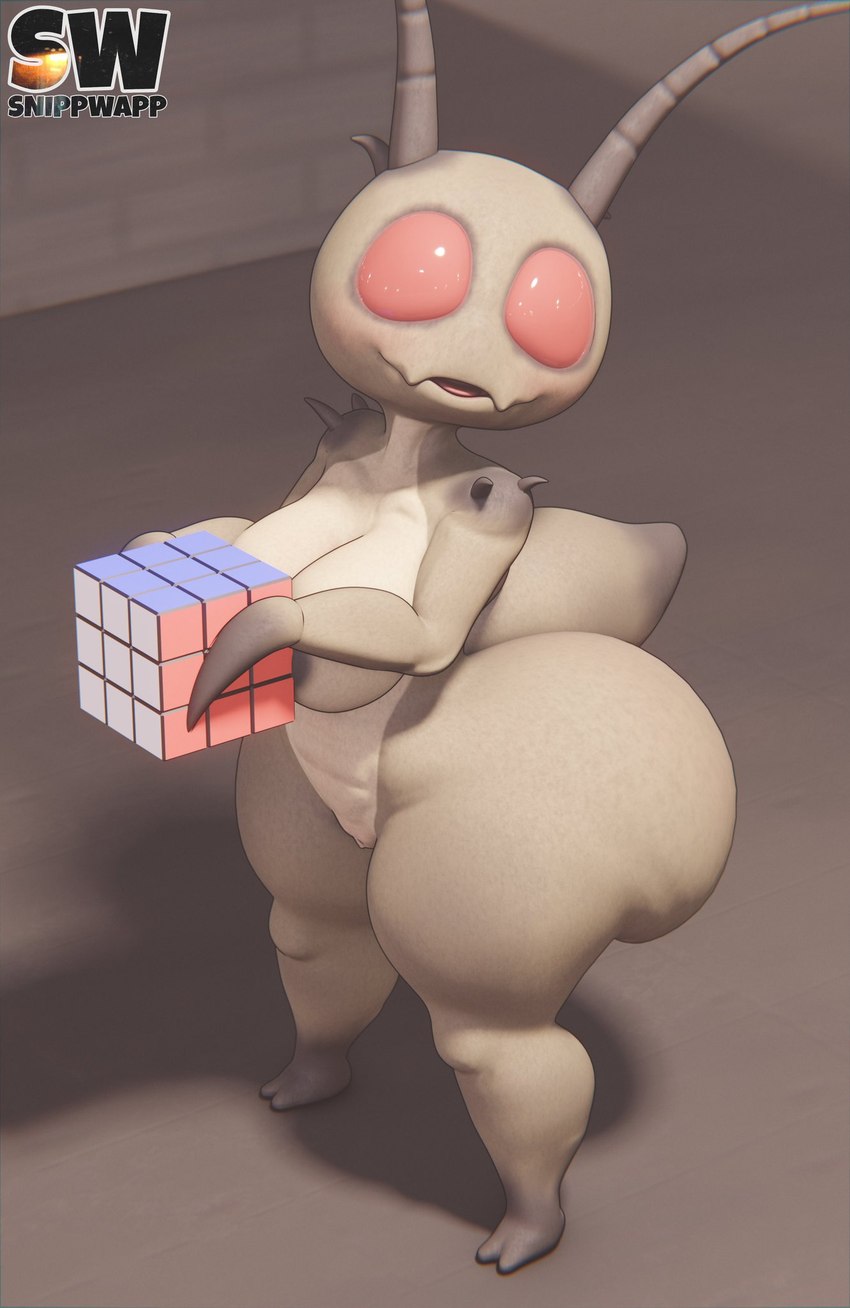 antenna_hair areola belly big_breasts big_butt breasts butt cube_(object) feet female hair holding_object huge_butt hyper hyper_butt logo looking_aside red_eyes shadow solo standing tail tongue wall_(structure) snippwapp lethal_company rubik's_cube arthropod hoarding_bug_(lethal_company) insect 2024 3d_(artwork) artist_logo artist_name digital_media_(artwork) hi_res