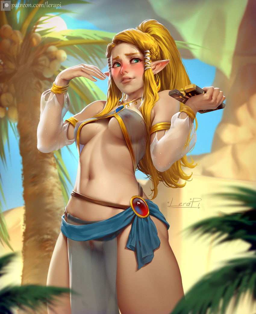 areola blonde_hair blush breasts female genitals hair humanoid_pointy_ears nipples not_furry pointy_ears pussy solo lerapi breath_of_the_wild nintendo the_legend_of_zelda princess_zelda humanoid hylian