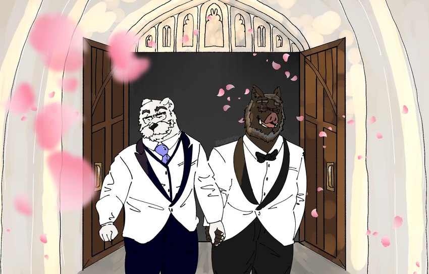 anthro beard black_nose bottomwear bow_tie cherry_blossom clothing door duo eyebrows eyewear facial_hair flower fur glasses grey_hair hair hand_holding happy male male/male mustache necktie open_mouth pants pink_nose plant prunus_(flower) raised_eyebrows romantic romantic_couple scar short_ears smile suit tongue topwear tusks vest walking wedding white_body white_fur sweet_nctr sihai's_legacy isaac_(sweet_nctr) jehu_(sihai's_legacy) bear mammal polar_bear suid suine sus_(pig) ursine wild_boar 2019 hi_res