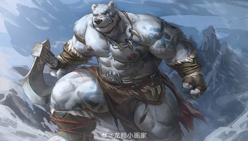 abs anthro arm_tattoo armwear axe beard biceps blizzard_(weather) breechcloth chest_tattoo clothed clothing deltoids elbow_gloves facial_hair facial_scar fingerless_gloves fur gloves handwear holding_axe holding_object jewelry leg_tattoo male mountain muscular muscular_anthro muscular_male muscular_thighs necklace nipples pecs scar shoulder_tattoo snout snout_scar snow solo tattoo topless warrior weibo_logo white_body white_fur lindong weibo bear mammal polar_bear ursine 2023 absurd_res hi_res