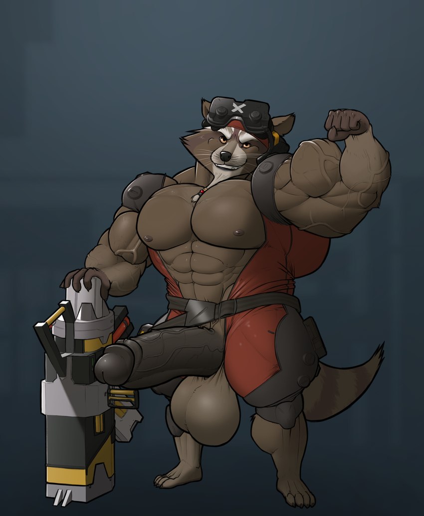 4_toes 5_fingers abs anthro balls barefoot beard biceps big_balls big_biceps big_muscles big_pecs big_penis biped black_nose black_penis brown_body brown_fur claws clothed clothing erection facial_hair feet fingers fur genitals glans gun huge_balls huge_muscles huge_penis humanoid_genitalia humanoid_penis jumpsuit looking_at_viewer male muscular muscular_anthro muscular_arms muscular_male muscular_thighs nipples pecs penis plantigrade quads ranged_weapon simple_background smile solo standing thick_thighs tight_clothing toe_claws toes triceps vein veiny_muscles veiny_penis weapon whiskers kajy guardians_of_the_galaxy marvel rocket_raccoon mammal procyonid raccoon hi_res