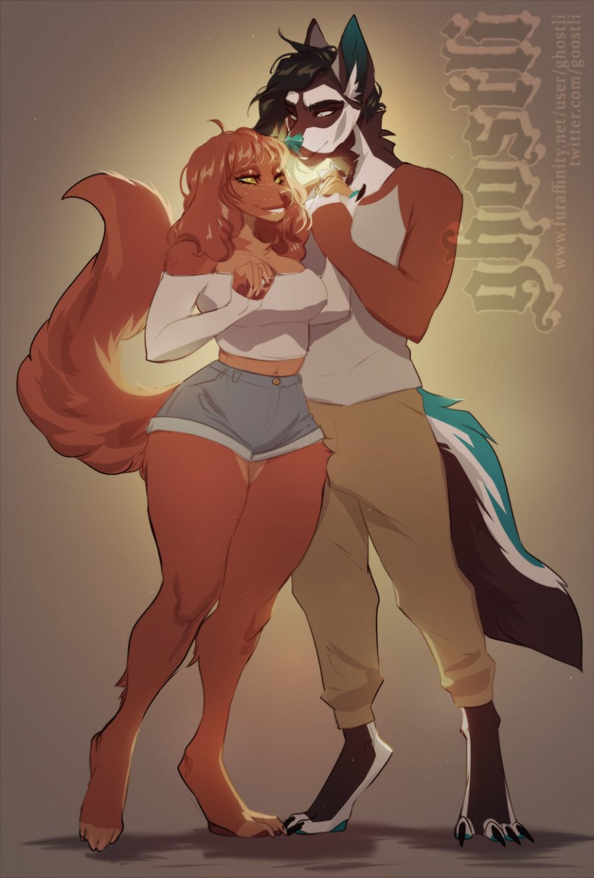 anthro clothing dating duo female fur love male male/female romantic smile topwear ghostli misby soy_(sylasdoggo) canid canine canis domestic_dog mammal hi_res