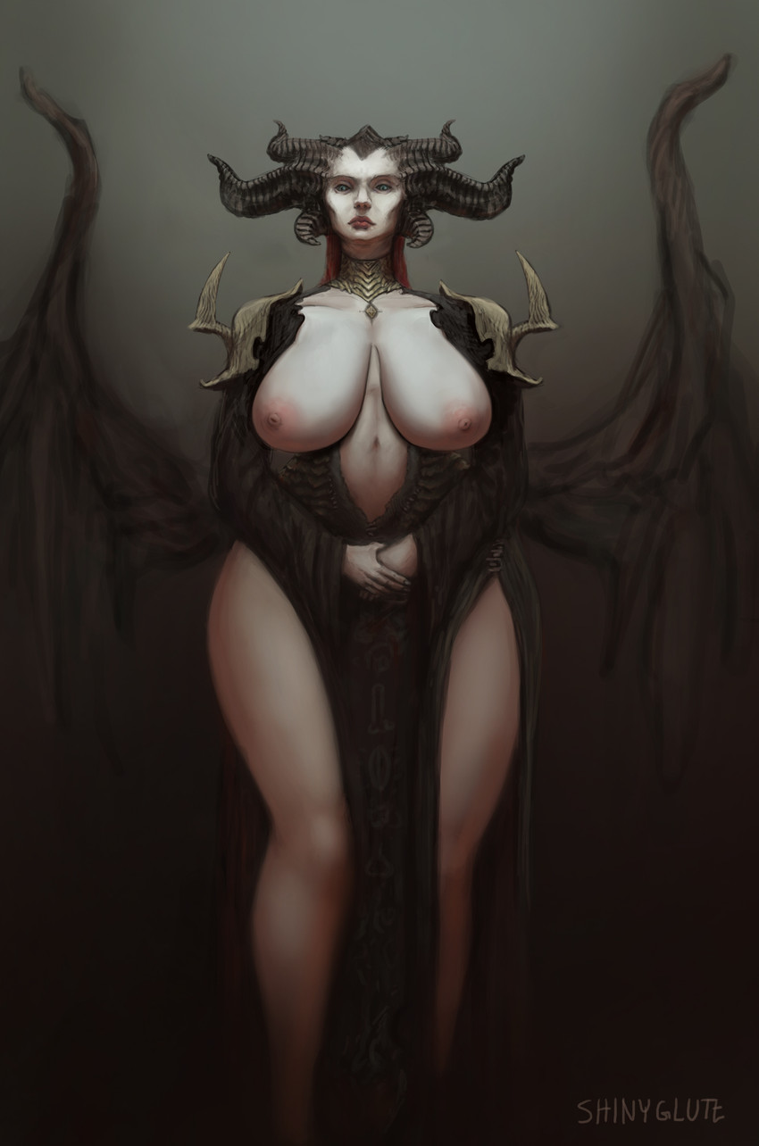 areola big_breasts black_horn blue_eyes breasts clasped_hands clothing female front_view horn light_body light_skin navel nipples not_furry pink_areola pink_nipples simple_background small_waist solo standing wide_hips wings shinyglute blizzard_entertainment diablo lilith_(diablo) demon humanoid 2019 digital_media_(artwork) hi_res portrait three-quarter_portrait