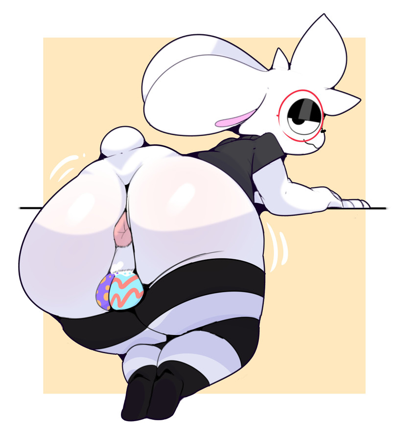 anthro anus balls big_butt bodypaint butt butt_jiggle clothing easter_balls eyeshadow eyewear footwear genitals glasses holidays jiggling kneeling legwear looking_at_viewer looking_back makeup male narrowed_eyes painted_balls presenting presenting_anus presenting_hindquarters shirt socks solo thick_thighs thigh_highs topwear konaditto squashortstacks easter lagomorph leporid mammal rabbit absurd_res hi_res