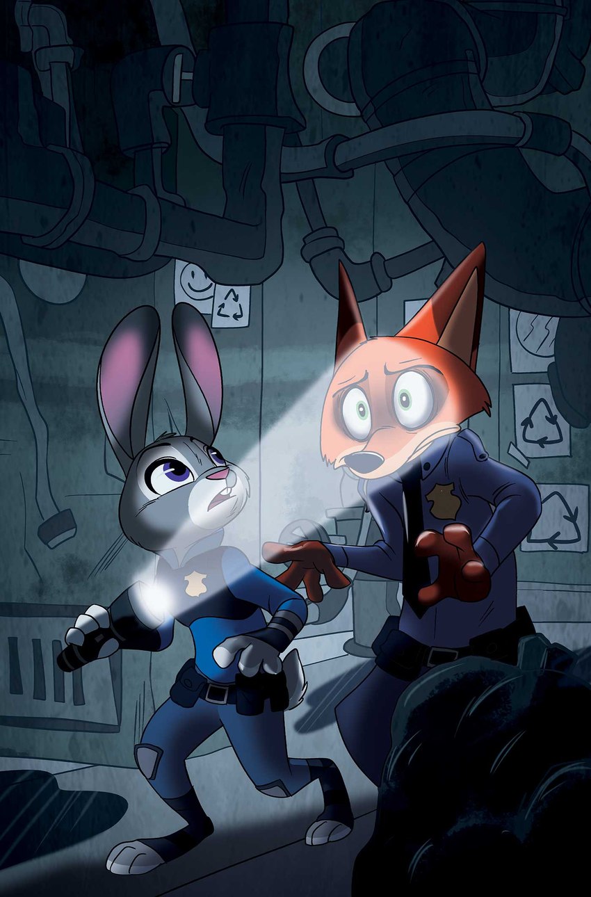 anthro armor badge blinded body_armor buckteeth clothing duo ears_up female flashlight fur grey_body grey_fur holding_flashlight inside light light_beam male open_mouth orange_body orange_fur pipe police police_officer police_uniform poster rabbit_ears recycling_symbol smiley_face symbol teeth trash trash_bag uniform trish_forstner disney zootopia judy_hopps nick_wilde canid canine fox lagomorph leporid mammal rabbit cover_art hi_res