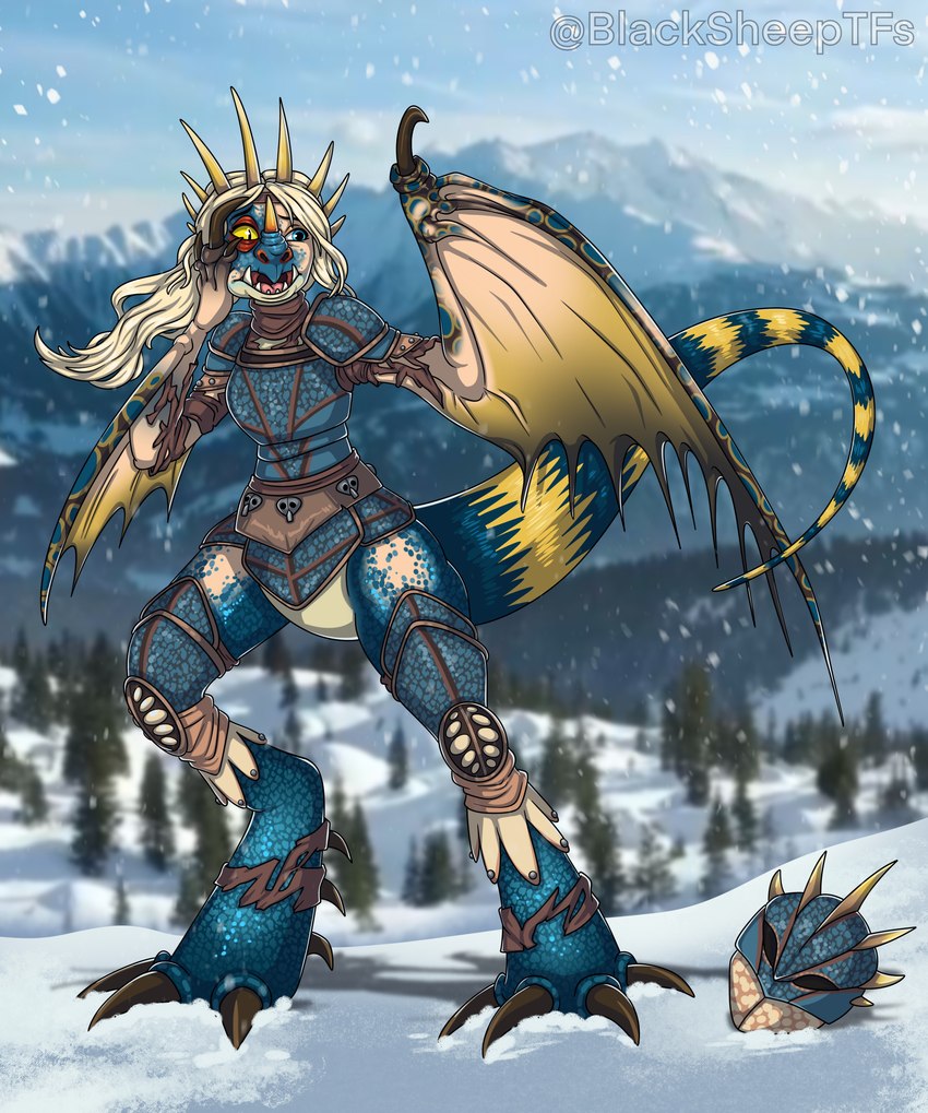 anthro armor blue_armor blue_body blue_eyes blue_scales claws clothing confusion dragon_scale_armor dragon_tail female feral forest hand_on_face headgear helmet horn markings mountain plant scaled_legs scales scared semi-anthro sharp_teeth snow solo species_transformation spikes spread_wings striped_markings striped_tail stripes surprise tail tail_markings teeth toe_claws torn_clothing transformation tree viking wings yellow_body yellow_eyes blacksheeptfs dreamworks how_to_train_your_dragon mythology astrid_hofferson deadly_nadder dragon mythological_creature mythological_scalie scalie absurd_res hi_res