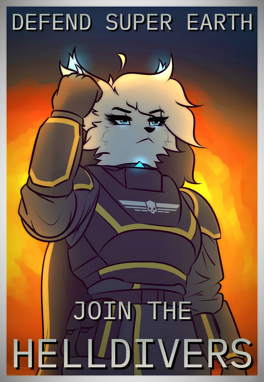 anthro armor clothed clothing curvy_figure explosion female gesture salute simple_background small_waist solo text fironmaplez_(artist) helldivers absurd_res english_text hi_res
