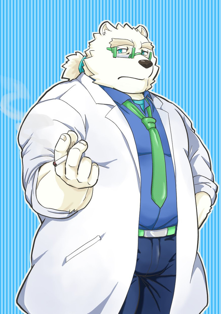 anthro blue_eyes bottomwear bulge clothing eyewear fur glasses humanoid_hands kemono male necktie overweight overweight_anthro overweight_male pants shirt solo topwear white_body white_fur srw225we lifewonders tokyo_afterschool_summoners leib_(tas) bear mammal polar_bear ursine 2020 hi_res