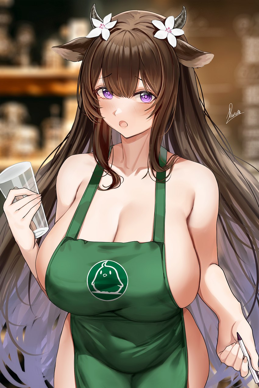 accessory apron apron_only big_breasts breasts brown_hair clothing container cup dual_holding female flower flower_in_hair green_apron green_clothing hair hair_accessory holding_container holding_cup holding_object holding_pen horn left-handed mostly_nude pen pink_eyes plant solo writing_utensil piukute062 azur_lane i_mean_breast_milk kashino_(azur_lane) animal_humanoid bovid bovid_humanoid bovine bovine_humanoid cattle_humanoid humanoid mammal mammal_humanoid 2021 hi_res meme