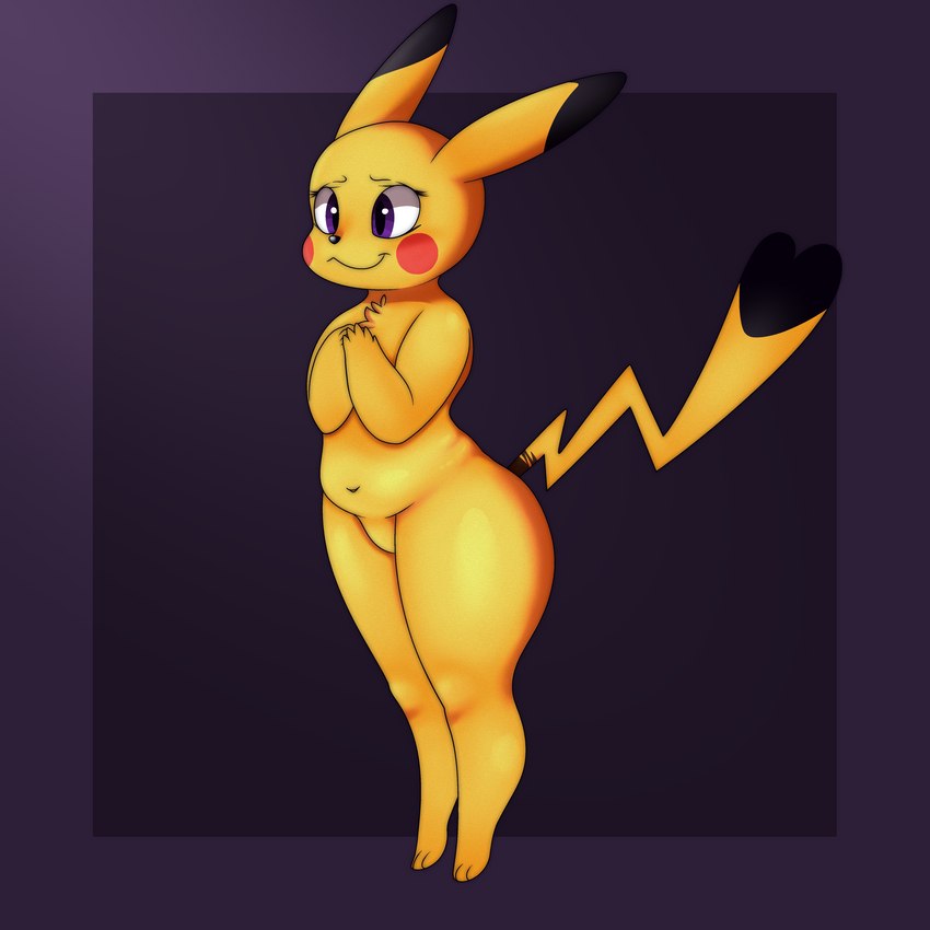 anthro chest_tuft female fur nude shy simple_background slightly_chubby smile solo thick_thighs tuft yellow_body yellow_fur wisty nintendo pokemon generation_1_pokemon mammal mouse murid murine pikachu pokemon_(species) rodent 1:1 2022 absurd_res hi_res