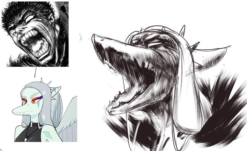 anthro female hair halter_top long_hair open_mouth sharp_teeth snout solo teeth abyssalchimo berserk_(series) cavemanon_studios goodbye_volcano_high snoot_game fang_(gvh) guts_(berserk) dinosaur prehistoric_species pterodactylus pterosaur reptile scalie 2023 black_and_white monochrome shaded shaded_line_art