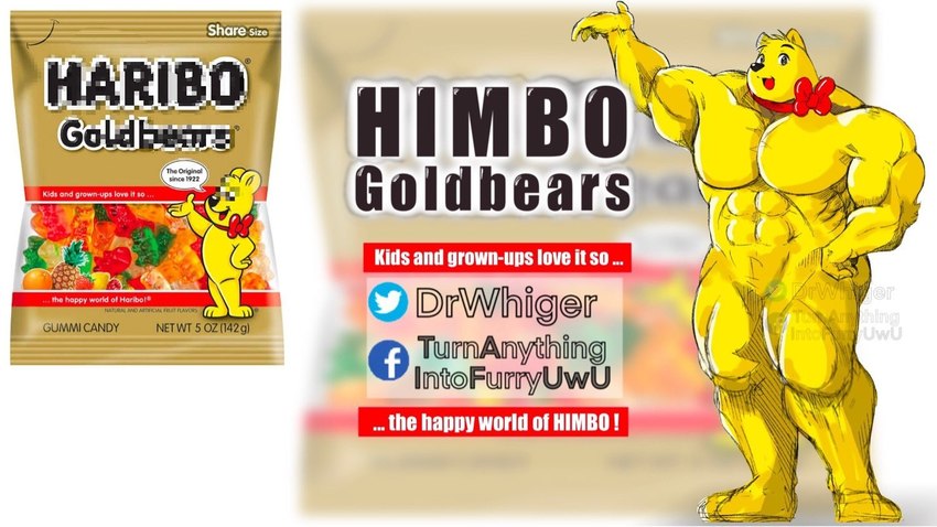 big_muscles black_eyes candy dessert food fur gummy_(food) gummy_bear_(food) huge_muscles male mascot muscular muscular_male ribbons smile solo text yellow_body yellow_fur dr.whiger haribo bear mammal himbo english_text watermark