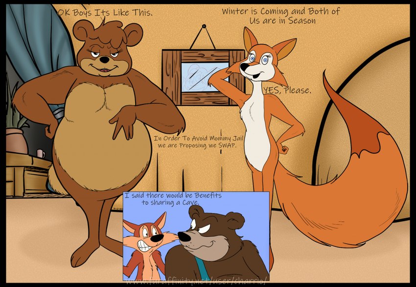 3_toes 4_fingers anthro arm_tuft belly big_belly big_tail black_eyes black_nose blue_eyes blue_suspenders breast_tuft breasts brown_body brown_eyes brown_feet brown_fur brown_tail_tip casual_nudity cave cheek_tuft chest_tuft clenched_teeth clothed_male curling_tail curvy_anthro curvy_female curvy_figure dialogue dipstick_tail duo ears_outwards elbow_tuft eyebrows eyelashes facial_tuft featureless_chest feet female fingers fist_on_own_hip flat_chested fluffy fluffy_tail fur gesture glance glaring_at_another glistening glistening_eyes group half-closed_eyes hand_behind_head hand_on_belly hand_on_hip hand_on_own_belly hand_on_own_hip head_tuft humanoid_hands husband husband_and_wife inside looking_at_another looking_at_partner looking_at_viewer male markings married_couple multicolored_body multicolored_fur narrowed_eyes nervous nude nude_anthro nude_female nude_male open_mouth orange_body orange_fur paws pecs pivoted_ears plantigrade raised_arm raised_eyebrow scut_tail shadow short_tail shoulder_tuft shrug slightly_chubby slightly_chubby_anthro slightly_chubby_female slim slim_anthro slim_female small_breasts small_tail smile smiling_at_another smiling_at_partner smiling_at_viewer standing suspenders tail tail_markings talking_to_another talking_to_partner talking_to_viewer tan_belly tan_body tan_breasts tan_chest tan_fur teeth text toes tuft two_tone_body two_tone_fur vein veiny_arms whisker_spots white_belly white_body white_breasts white_fur white_sclera wide_hips wife window charrio chucklewood_critters abner_(chucklewood_critters) bridgette_(chucklewood_critters) george_(chucklewood_critters) rosie_(chucklewood_critters) bear brown_bear canid canine fox grizzly_bear mammal red_fox true_fox ursine 2021 colored comic dated digital_drawing_(artwork) digital_media_(artwork) english_text flat_colors shaded signature url