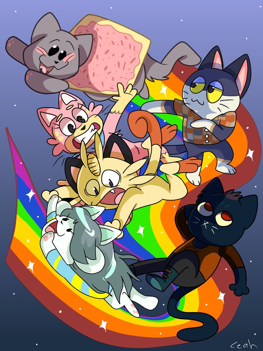 anthro clothed clothing food fur group hair rainbow rainbow_trail simple_background space topwear white_body moonietoonie animal_crossing night_in_the_woods nintendo nyan_cat_(copyright) pokemon pop-tarts undertale undertale_(series) mae_borowski nyan_cat punchy_(animal_crossing) temmie_(undertale) canid canine domestic_cat felid feline felis food_creature generation_1_pokemon hybrid mammal meowth pokemon_(species) poptart_creature tem 3:4 hi_res meme