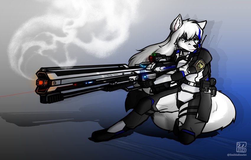 anthro armor barrel clothing eyewear female fluffy fluffy_tail fur glasses gun gun_smoke hair kneeling long_hair railgun ranged_weapon simple_background smoke solo tail uniform weapon white_body white_fur white_hair emilitia_ennehrt fio_(wipfenfels) arctic_fox canid canine fox mammal true_fox absurd_res hi_res