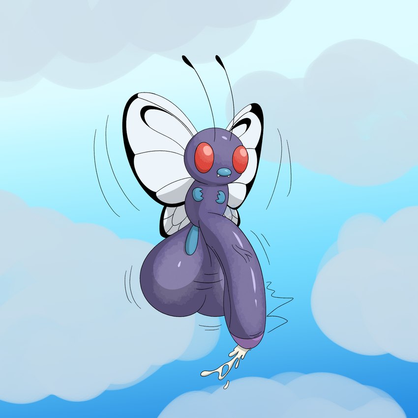 antennae_(anatomy) balls big_balls big_penis bodily_fluids cum feral genital_fluids genitals huge_balls huge_penis humanoid_genitalia humanoid_penis hyper hyper_balls hyper_genitalia hyper_penis insect_wings male nude penis red_eyes simple_background solo wings ashley432 nintendo pokemon arthropod butterfree generation_1_pokemon insect pokemon_(species) 1:1 colored digital_media_(artwork) hi_res shaded signature watermark