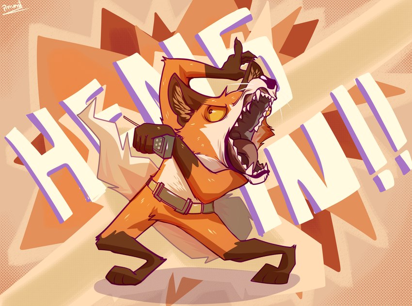 angry anthro derp_eyes fangs feet fur henshin henshin_device holding_object male open_mouth orange_body orange_fur parody pose solo tail teeth text tongue tongue_out whiskers pinumontbalou canid canine canis fox mammal absurd_res hi_res